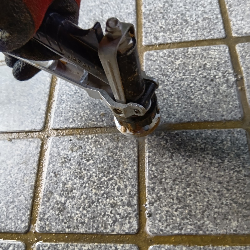 玄関床の目地からシロアリ駆除剤を注入