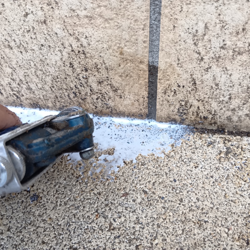 玄関床の目地からシロアリ駆除剤を注入