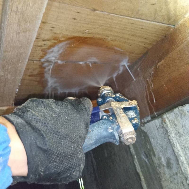 床下の木材にシロアリ駆除剤を散布