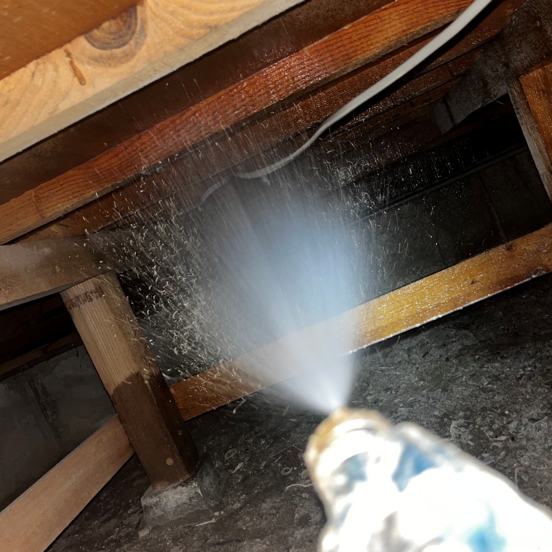 床下の木材にシロアリ駆除剤を散布