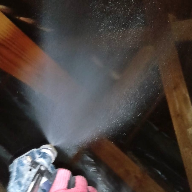 屋根裏の木材にシロアリ駆除剤を散布