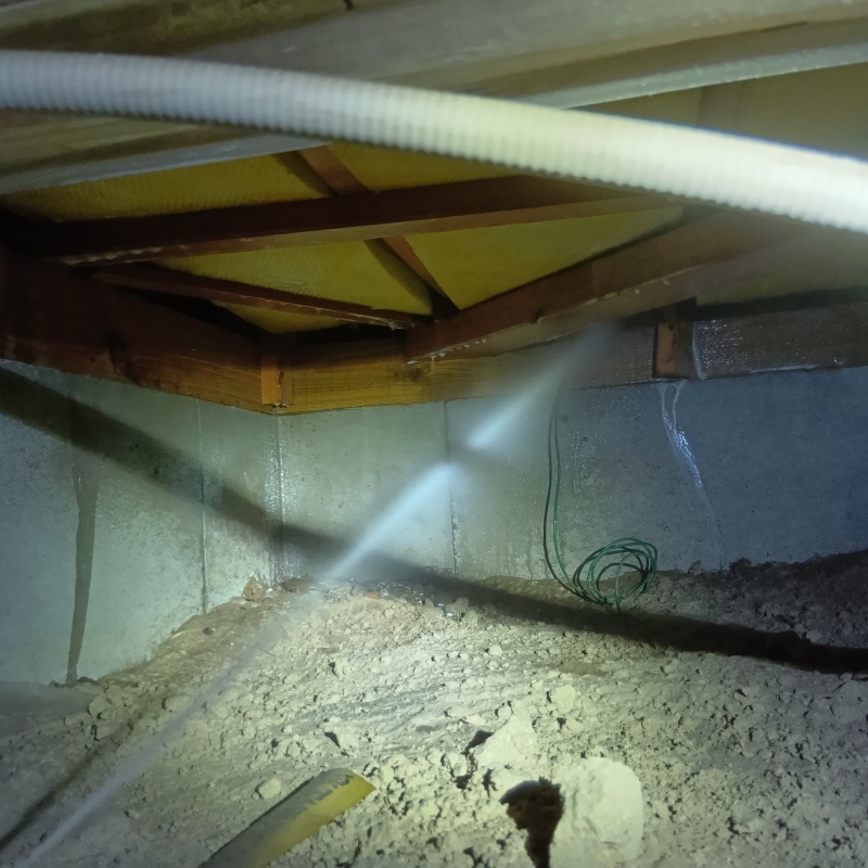 床下木材に防蟻剤を散布している様子