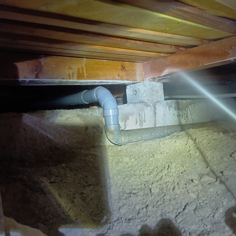 束石まわりに防蟻剤を吹き付けている様子