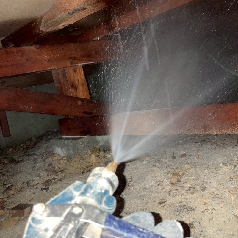 床下木材にシロアリ駆除剤を吹き付けている様子