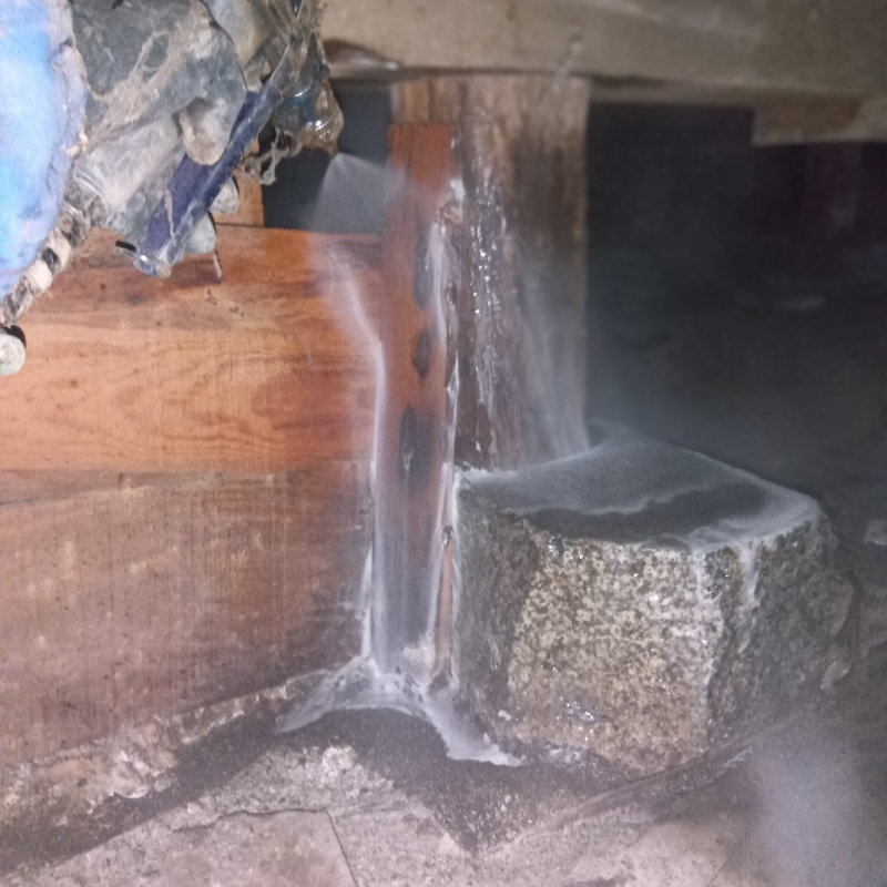 床下木材にシロアリ駆除剤を散布している様子