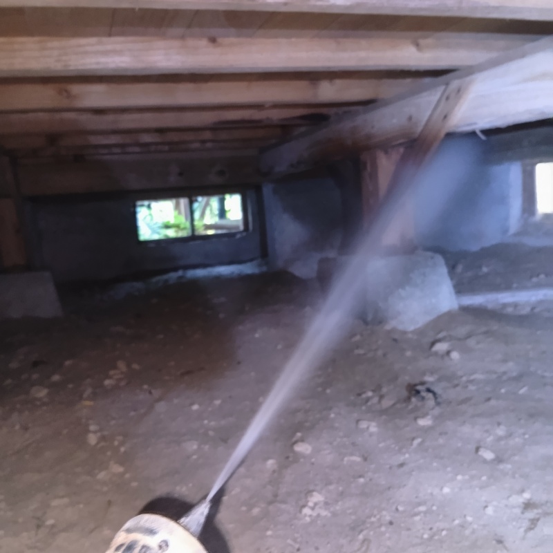 床下木材にシロアリ駆除剤を散布する様子