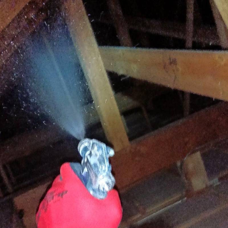 屋根裏の木材にシロアリ駆除剤を散布