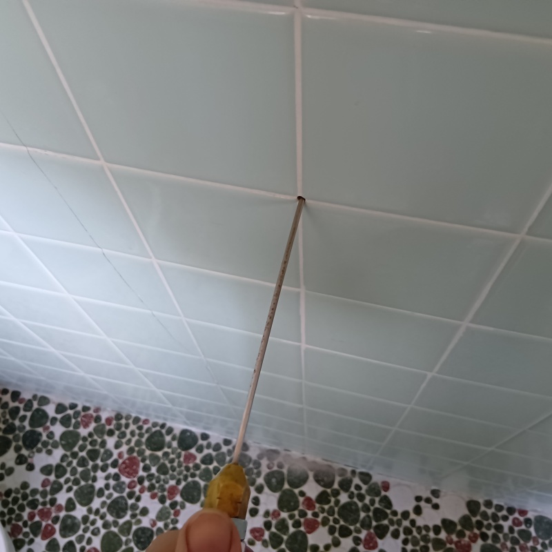 トイレの壁の目地からシロアリ駆除剤を注入