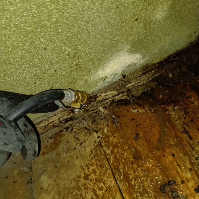 床材に穴を開けてシロアリ駆除剤を注入