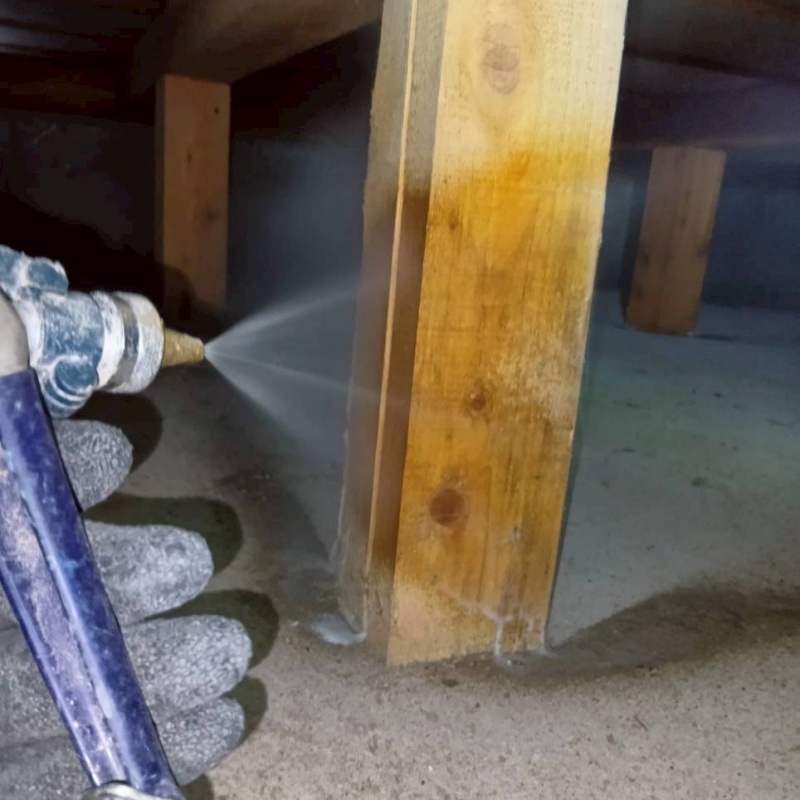 床下木材にシロアリ駆除剤を吹き付ける様子