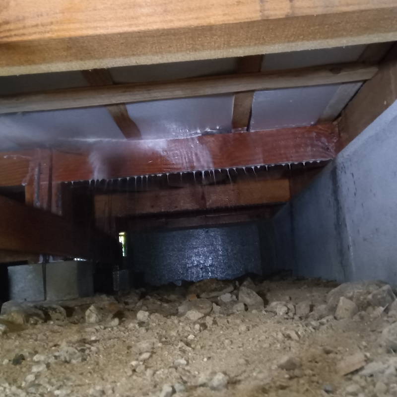 床下断熱材に防蟻剤を吹き付ける様子