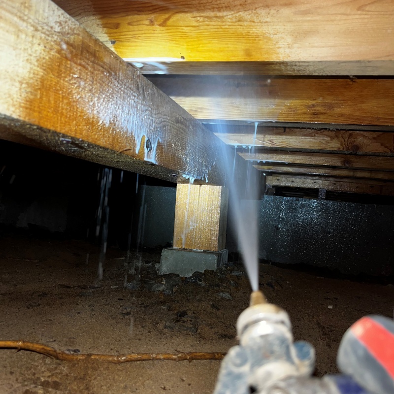 床下の木材にシロアリ駆除剤を散布