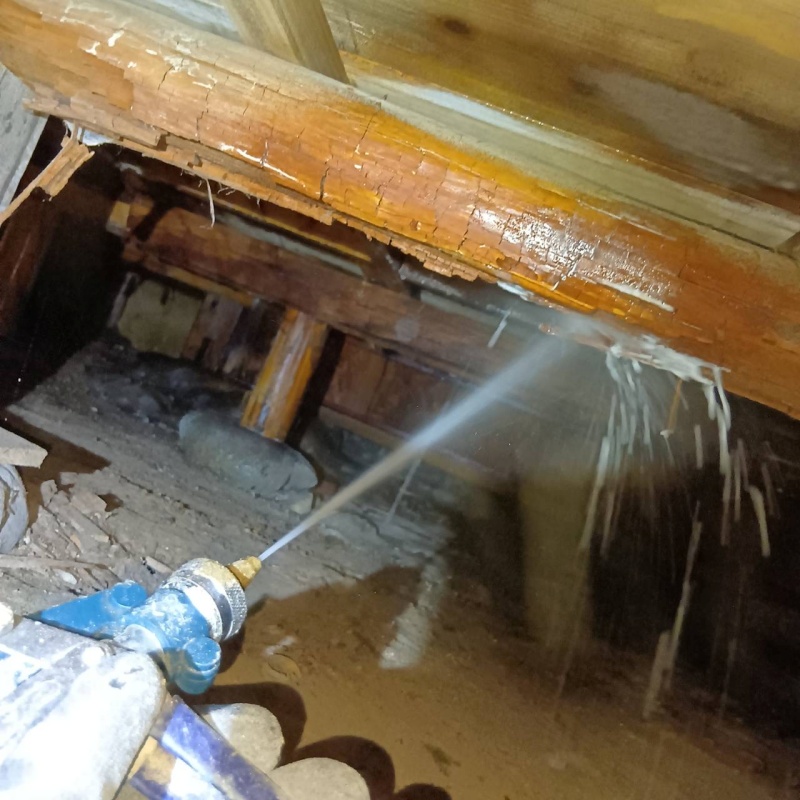 床下の木材にシロアリ駆除剤を散布