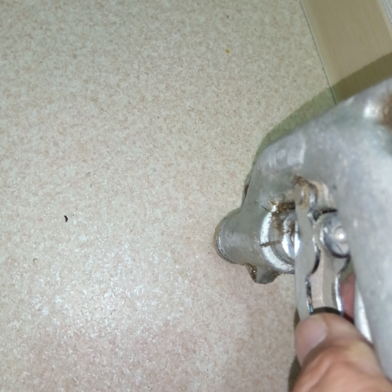 室内の床にシロアリ駆除剤を注入する様子