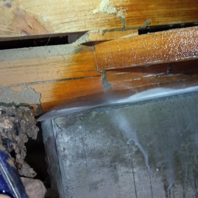 基礎にシロアリ駆除剤を吹き付ける様子