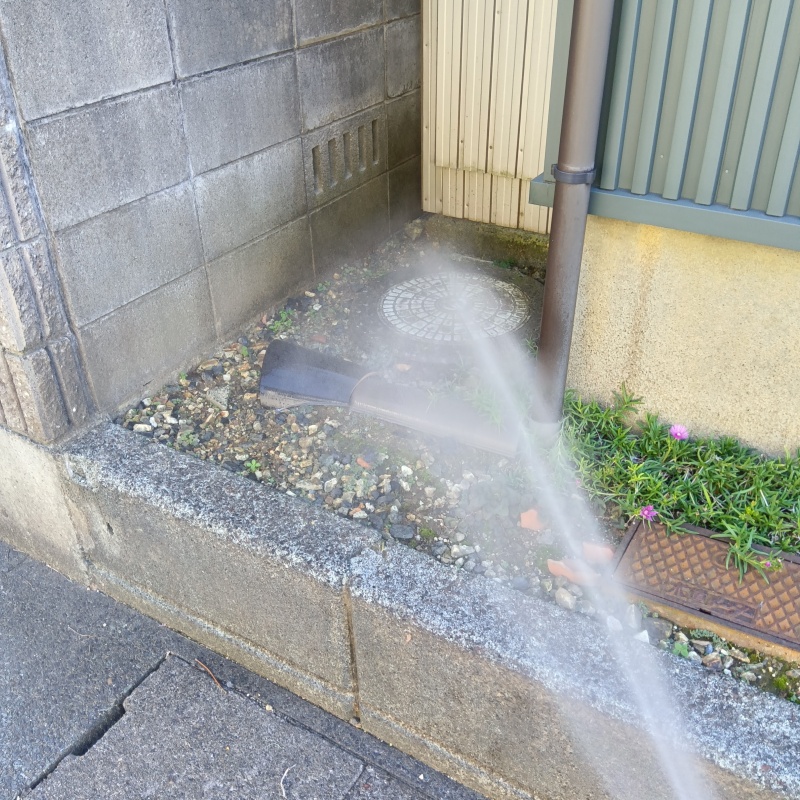 屋外の地面に防蟻剤を散布