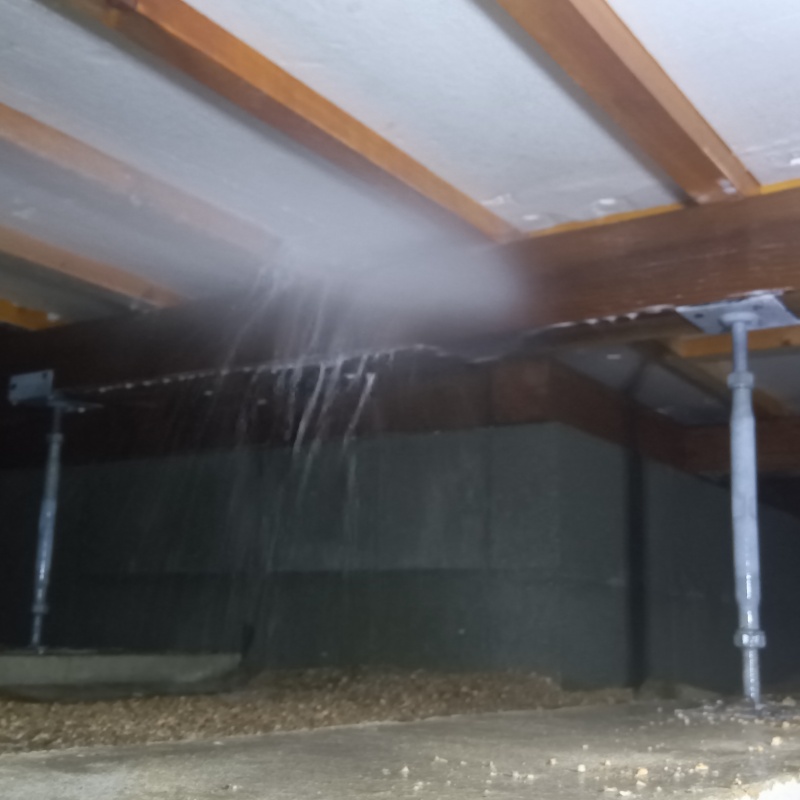 床下断熱材に防蟻剤を吹きつける様子