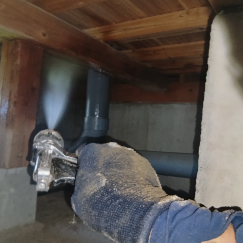 床下木材にシロアリ駆除剤を吹きつける様子