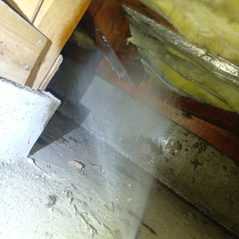 床下断熱材にシロアリ駆除剤を吹きつける様子