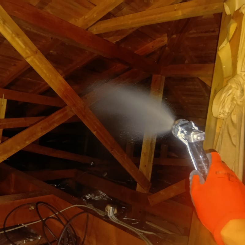 屋根裏の木材にシロアリ駆除剤を散布