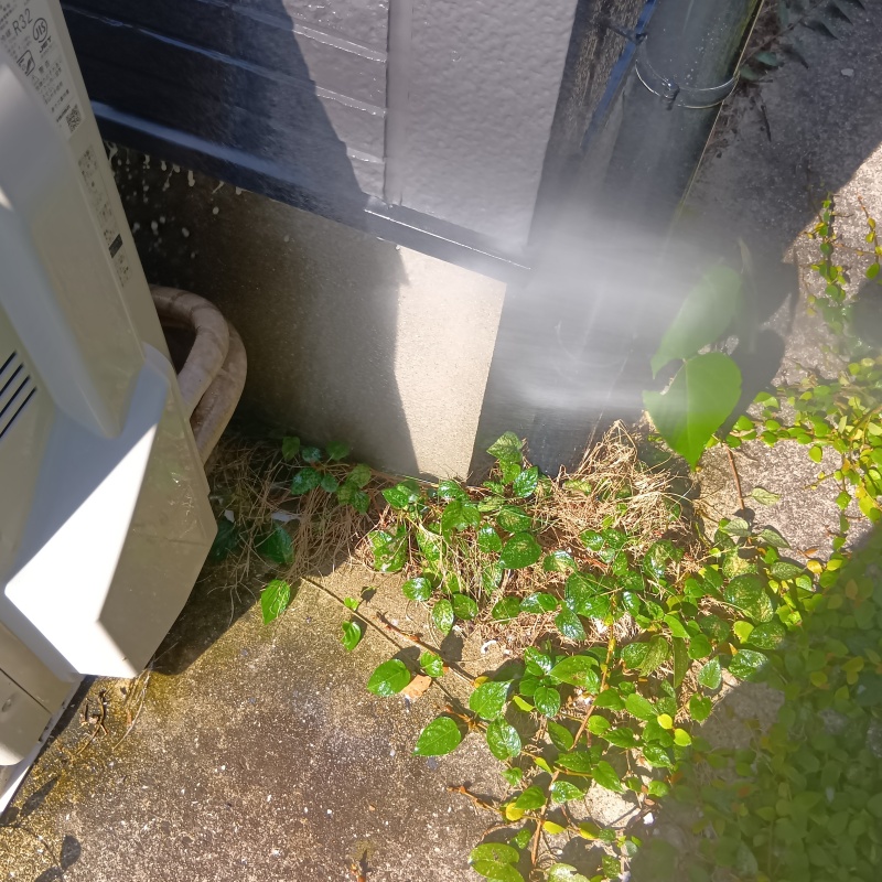 建物外周の土壌にシロアリ駆除剤を吹きつける様子