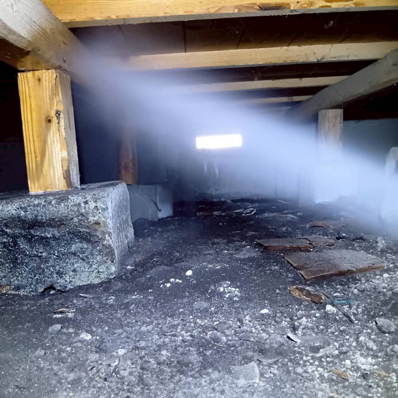 床下木材にシロアリ駆除剤を吹き付ける様子