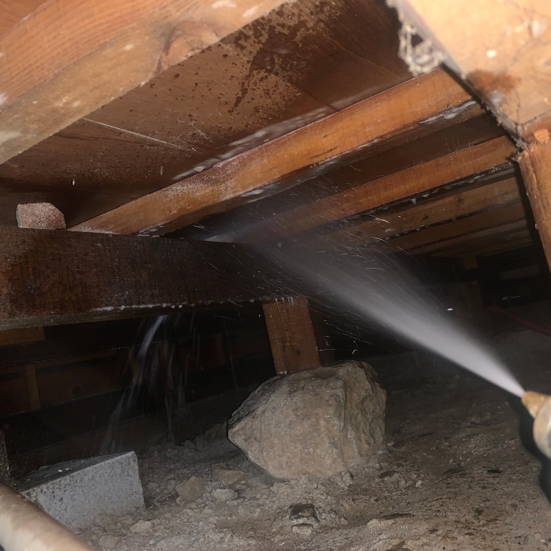 床下の木材にシロアリ駆除剤を散布