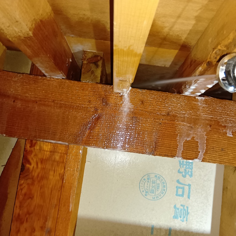 床下の木材にシロアリ駆除剤を散布