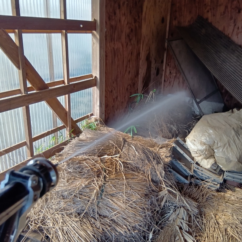 壁材にシロアリ駆除剤を吹きつける様子