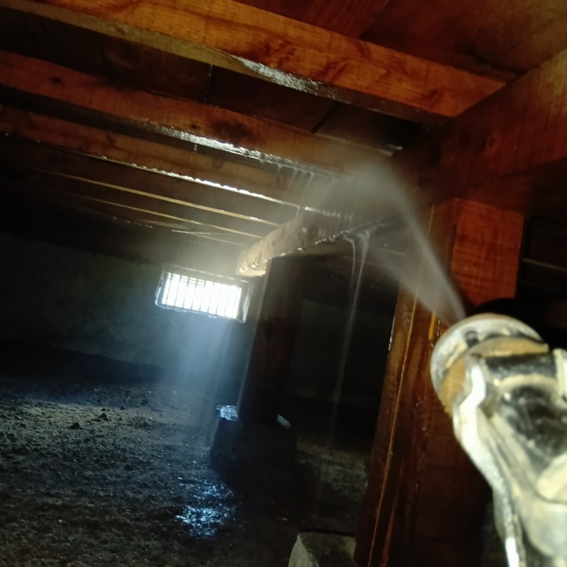 床下木材に防蟻剤を吹きつける様子