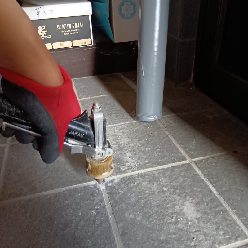 玄関床の目地から防蟻剤を注入