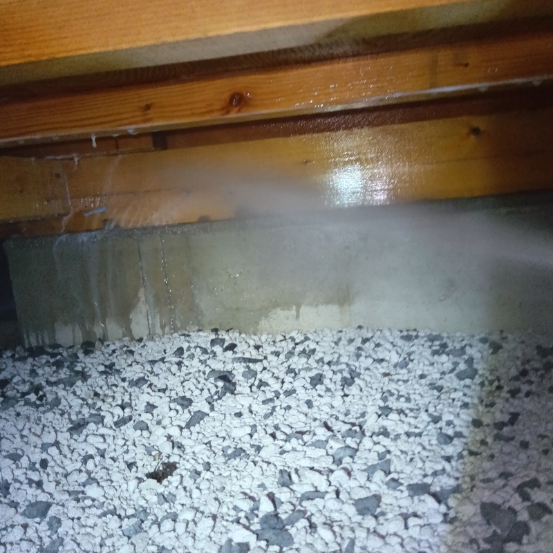 基礎にシロアリ駆除剤を吹き付ける様子