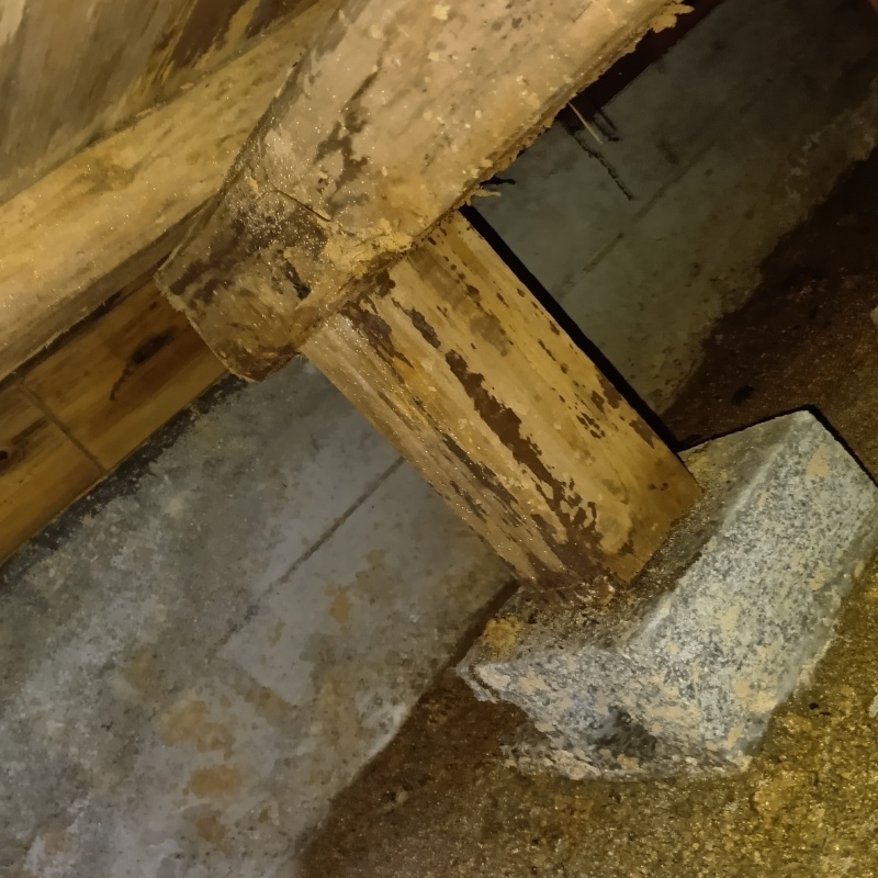 食害でぼろぼろになった床下の木材