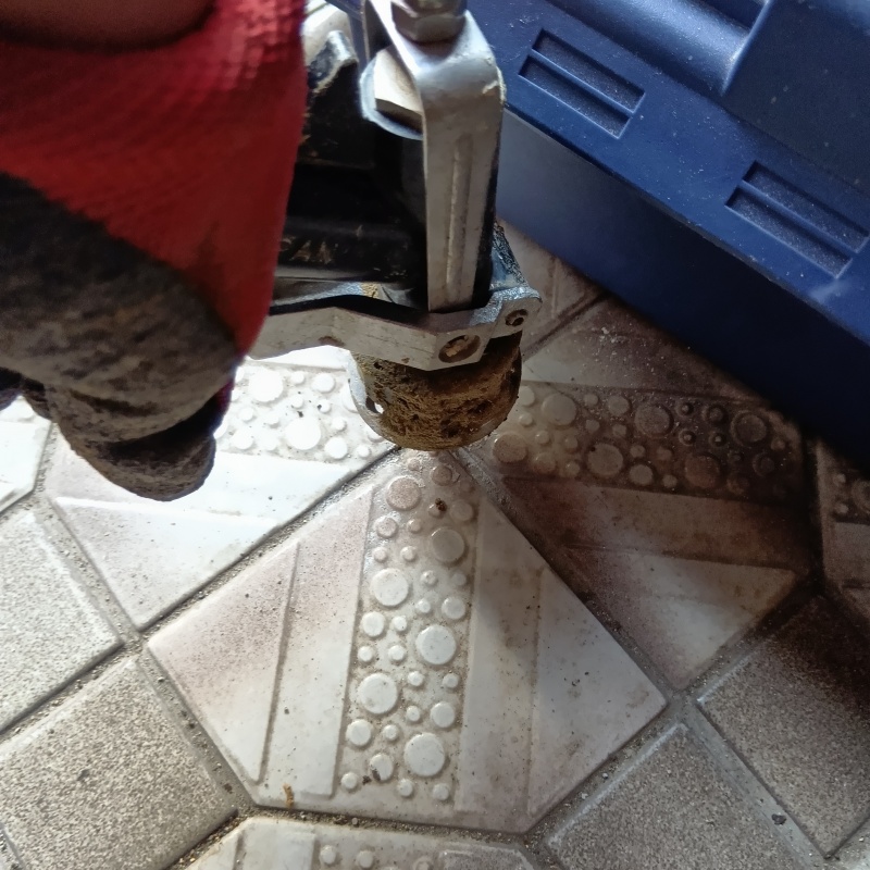 玄関床の目地からシロアリ駆除剤を注入