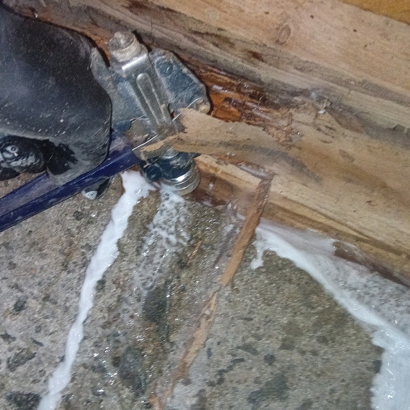 腐食した木材にシロアリ駆除剤を散布