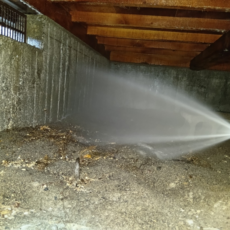 基礎にシロアリ駆除剤を吹きつける様子