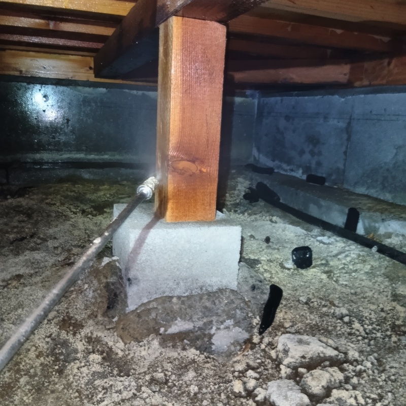 床下木材にシロアリ駆除剤をを吹きつける様子