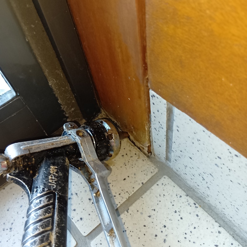 玄関扉付近の木材にシロアリ駆除剤を注入