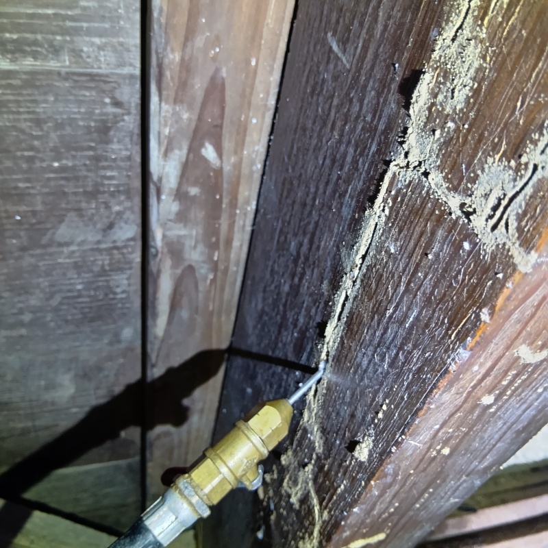 亀裂からシロアリ駆除剤を注入している様子