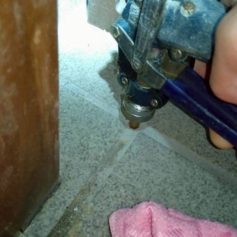 玄関床の目地から防蟻剤を注入している様子