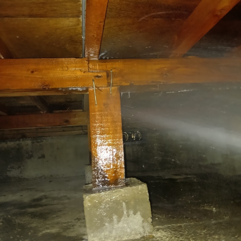 床下の木材にシロアリ駆除剤を散布している様子