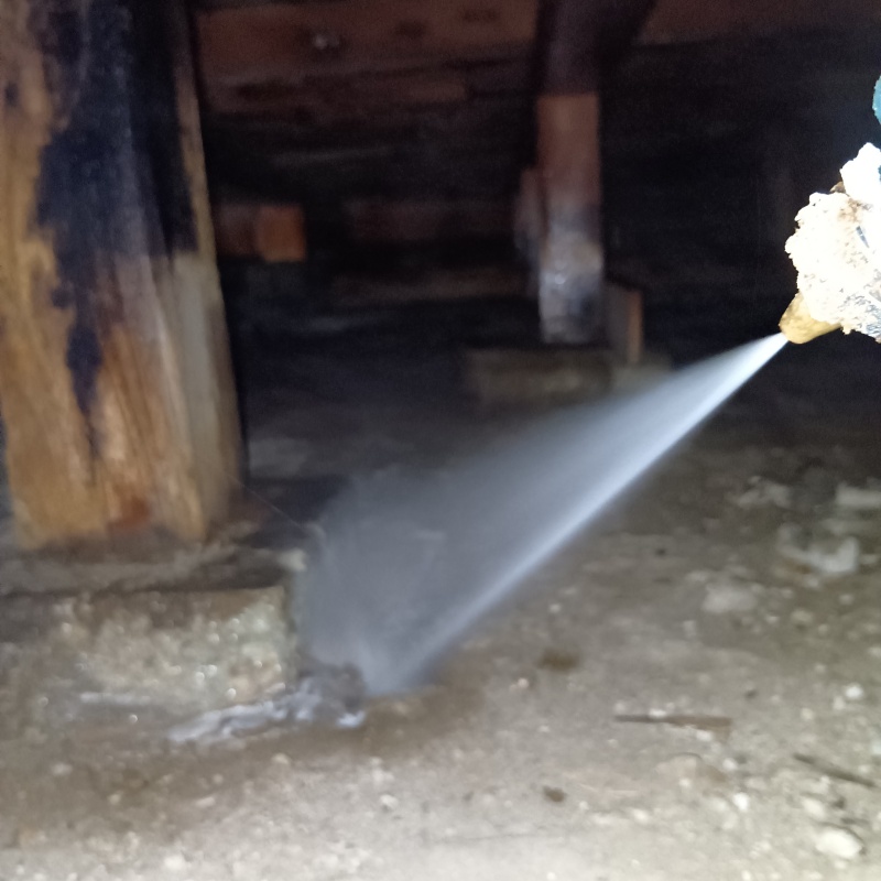 束石にシロアリ駆除剤を吹きつけている様子