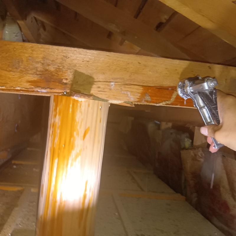 屋根裏の傷んだ木材にシロアリ駆除剤を注入