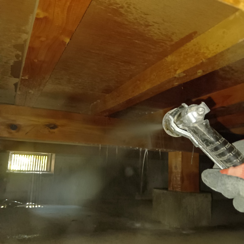 床下の木材にシロアリ駆除剤を吹きつけている様子