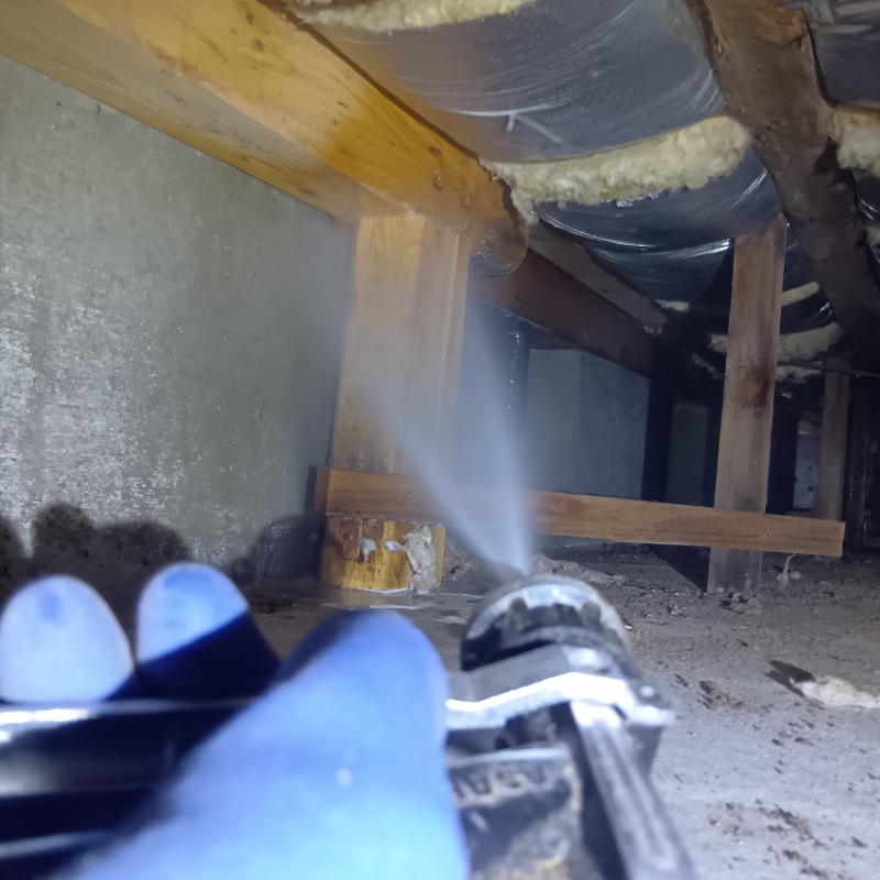 床下の木材に防蟻剤を散布する様子