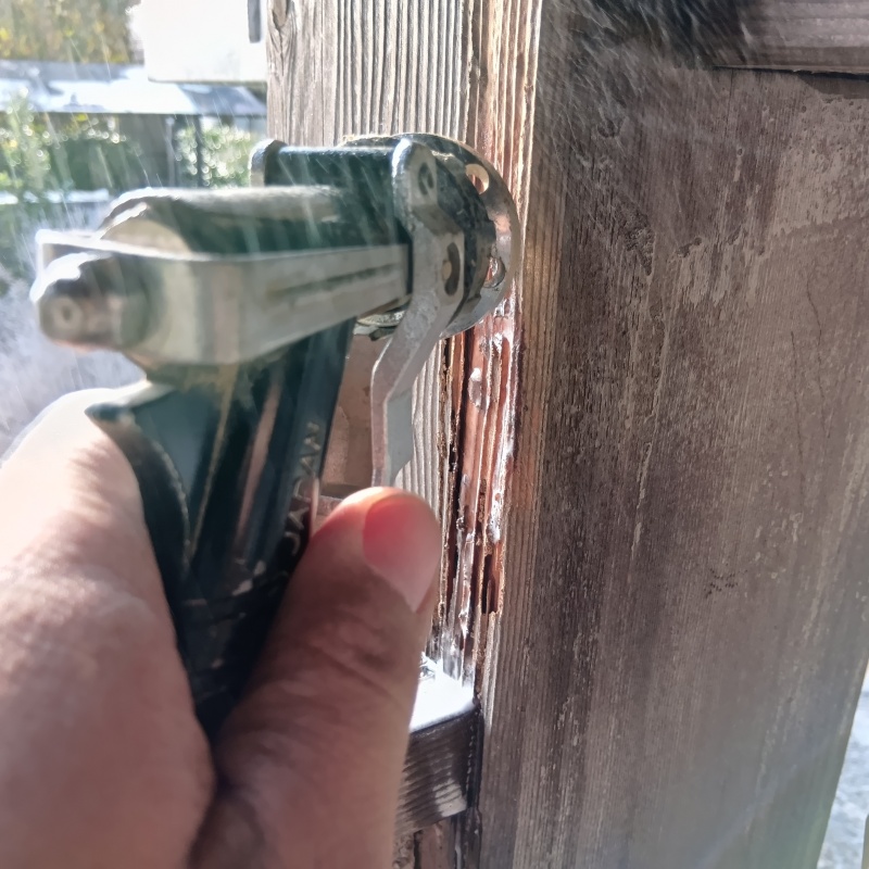 亀裂が入った木材に直接シロアリ駆除剤を注入