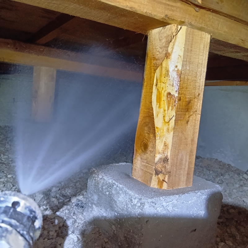 食害を受けた木材にシロアリ駆除剤を散布