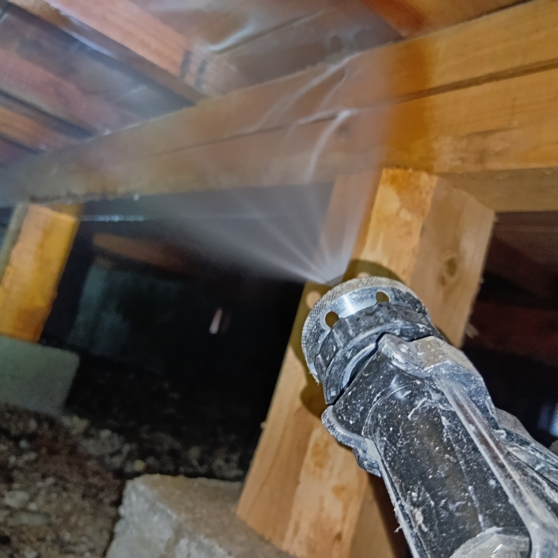 床下木材にシロアリ駆除剤を吹きつけている様子