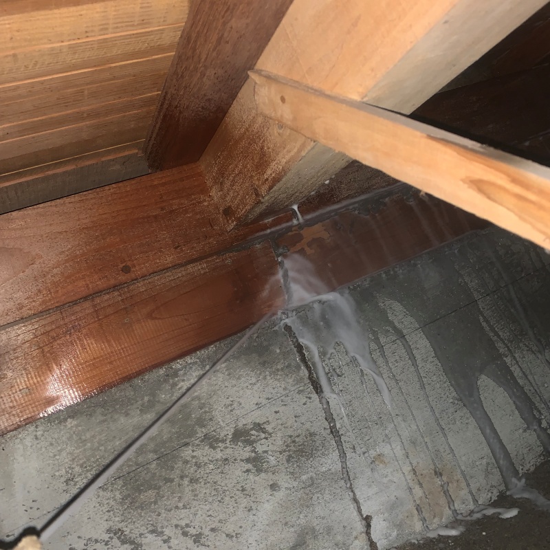 木材シロアリ駆除剤を吹きつけている様子