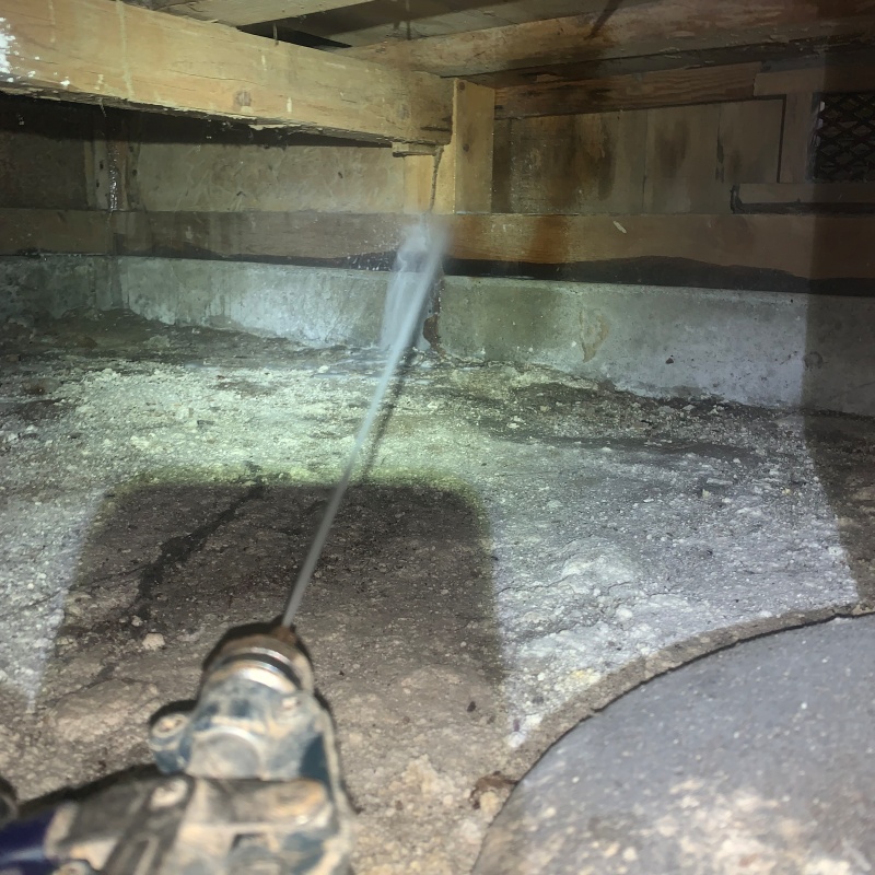 コンクリートにシロアリ駆除剤を吹きつけている様子